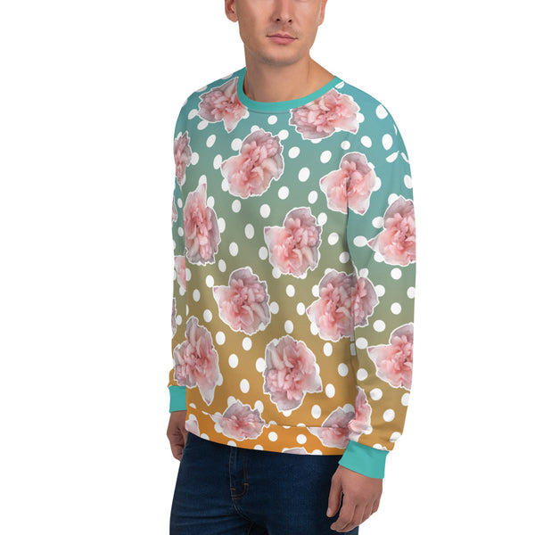 Beautiful cottagecore and 80s Memphis style design featuring pink roses and polka dots against a blue and orange gradient background on this sweatshirt by BillingtonPix