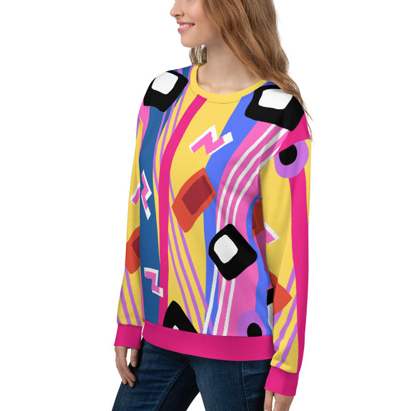 Zany, crazy, mad patterned unisex sweatshirt pullover in blue, red, yellow and purple pattern of lines, squiggles, blobs and stripes by BillingtonPix