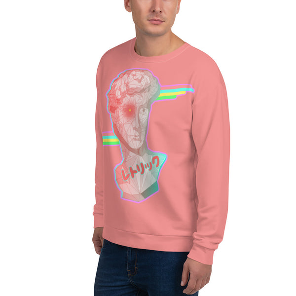 Retrowave design sweatshirt pullover in a 90s Dreamwave style featuring Michelangelo's David containing a grid format overlay and a gradient pastel tone from pink to blue. In the background, behind the statue bust, are some 90s disco stripes and at the base is the Japanese word レトリック or Rhetoric. The bust contains a turquoise blue glitch which protrudes from the left hand side. Surrounding the entire composition is a pastel pink outline on this peach coloured sweatshirt top by BillingtonPix