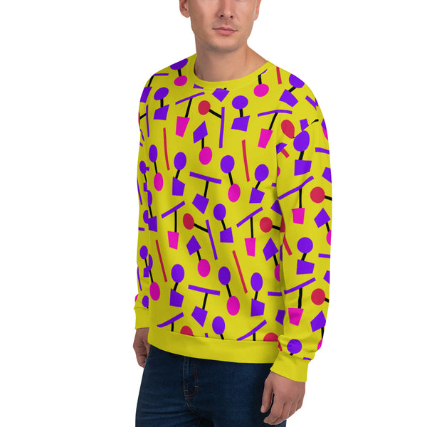 Colourful funky yellow sweater in an 80s Memphis style design with purple, pink and black geometric shapes on this patterned sweatshirt pullover by BillingtonPix