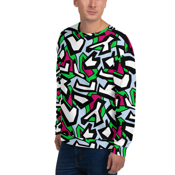 Funky patterned sweatshirt in a geometric 80s Memphis design all-over pattern, in black, white, red and green against a pale blue background on this sweater or pullover by BillingtonPix