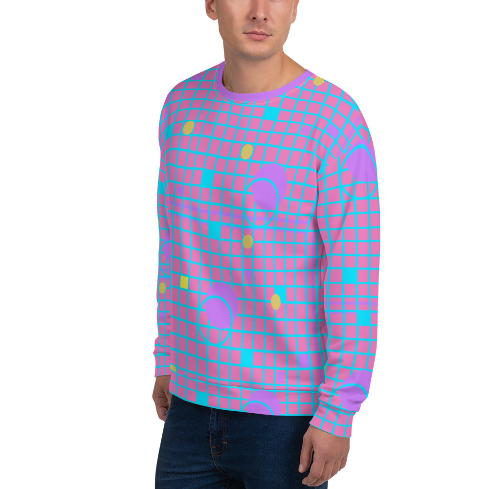 Harajuku geometric patterned unisex sweatshirt top in mauve, pink, blue and yellow, consisting of a grid background in mauve and pink and 80s Memphis design on these festival tops by BillingtonPix