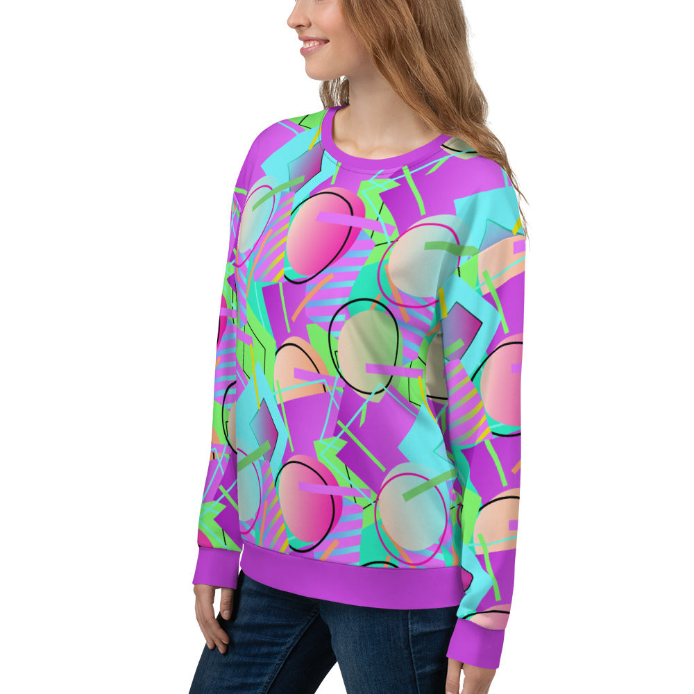 80s Memphis design unisex sweatshirt athleisure top in a vibrant geometric all-over pattern of circles, squares and stripes in tones of blue, magenta purple, orange and green by BillingtonPix