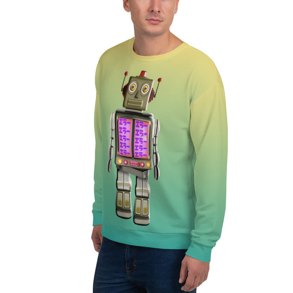 Stylish Retro Futurism style robot design sweatshirt with hints of 80s Vaporwave and Synthwave electronica. With a front portal containing a liquid crystal screen with the message repeated in Japanese of ERROR this robot is malfunctioning and is also very cool. Design by BillingtonPix