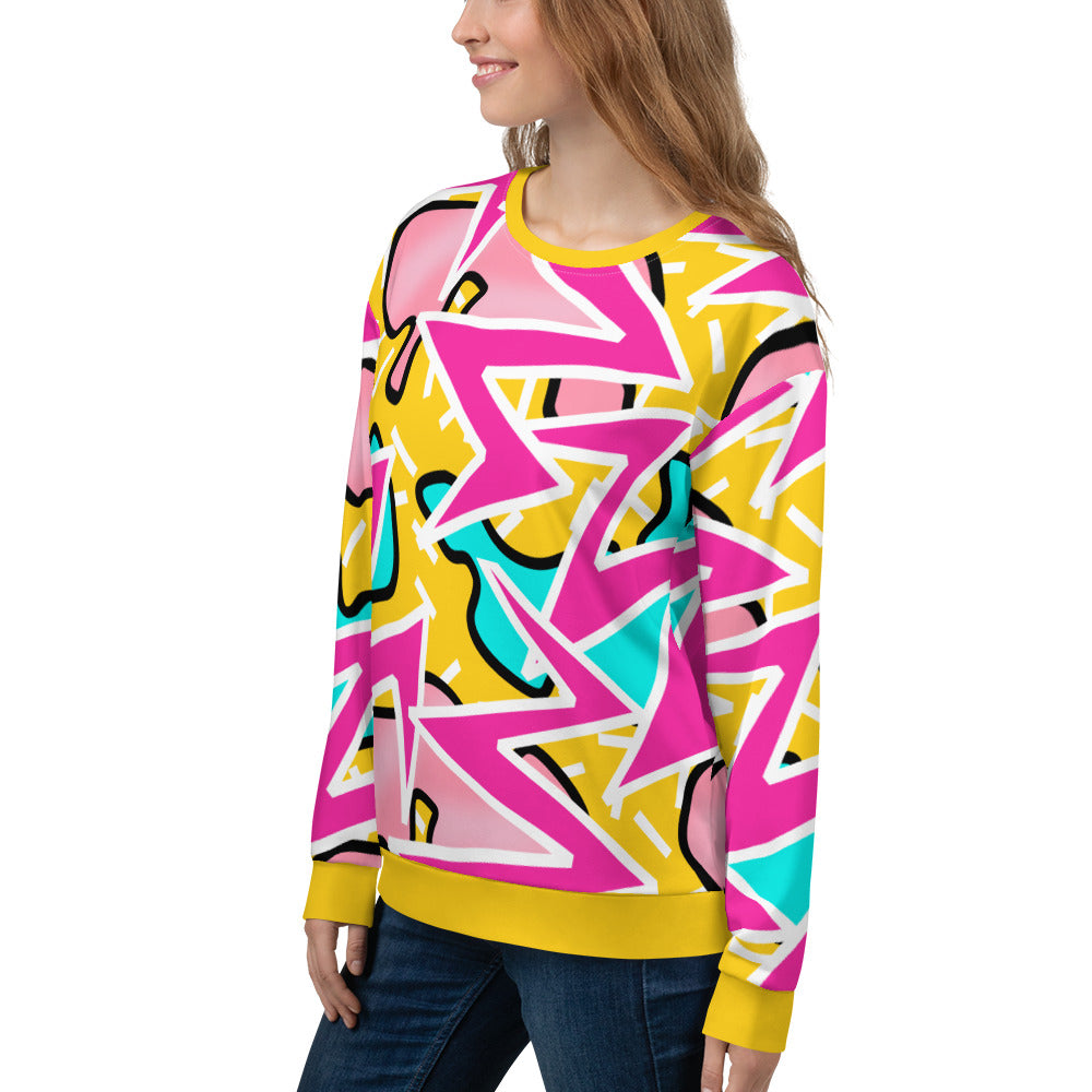 80s Memphis retro style Harajuku sweatshirt with geometric and abstract shapes in pink, blue and orange by BillingtonPix