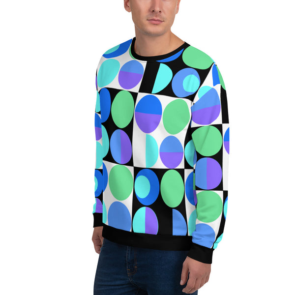 80s Memphis Bauhaus design sweatshirt in geometric pattern of circles and squares and half shapes in tones of blue, purple and green on this unique mid-century style sweatshirt by BillingtonPix