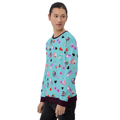 Turquoise Menhera Kei Yami Harajuku fashion sweatshirt, containing a collection of Menhera Kei symbols such as pills, syringes, spooky eyes, crosses and black hearts by BillingtonPix