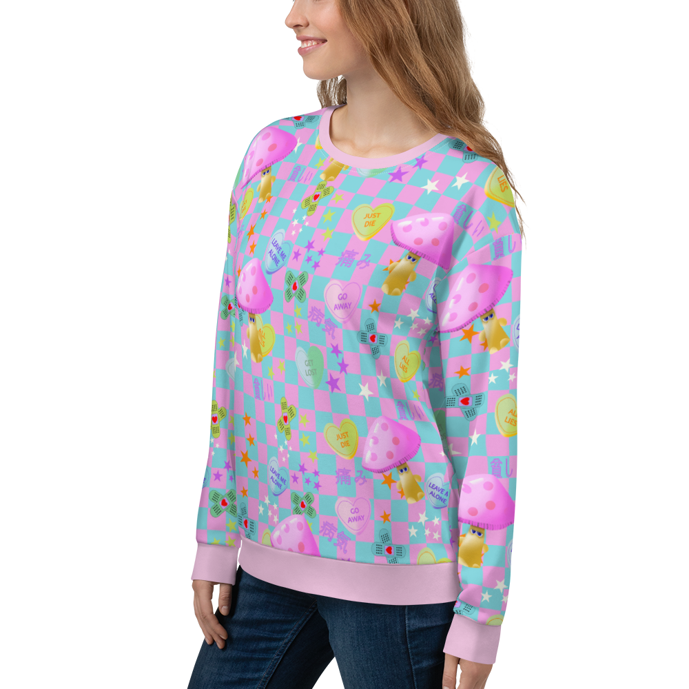 Fairy Kei Harajuku and Yume Kawaii Japanese streetwear style sweatshirt. With a chequered design in baby blue and pink with an overlay of mean love hearts and Japanese words and phrases this sweater brings out the Yami Kawaii and Menhera Kei hurt and sorrow emotions.