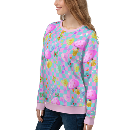 Fairy Kei Harajuku and Yume Kawaii Japanese streetwear style sweatshirt. With a chequered design in baby blue and pink with an overlay of mean love hearts and Japanese words and phrases this sweater brings out the Yami Kawaii and Menhera Kei hurt and sorrow emotions.