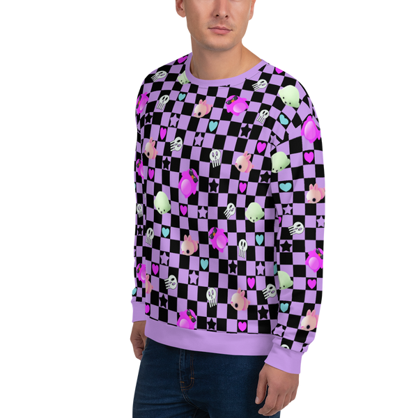 Stunning, vibrant and Yume Kawaii Harajuku aesthetic fashion sweatshirt in a check design of purple and black. Symbols of Fairy Kei with cute mochi mice, seals and penguins and also darker elements of Yami Kawaii with black hearts and skulls on this vibrant Pop Kei sweater by BillingtonPix