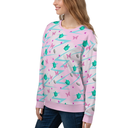 Stunning Yume Kawaii pink Fairy Kei Harajuku aesthetic design unisex sweatshirt, with turquoise blue frogs and pink butterflies, silver hearts and pink flowers in a mystical pattern of decora kei and pop kei design on this sweater by BillingtonPix