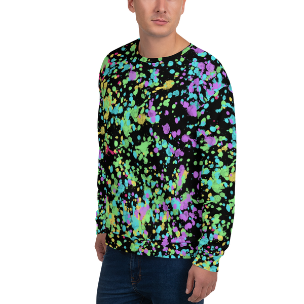 LGBT shirt with rainbow flag ink splats against a black background on this unisex sweatshirt pullover by BillingtonPix