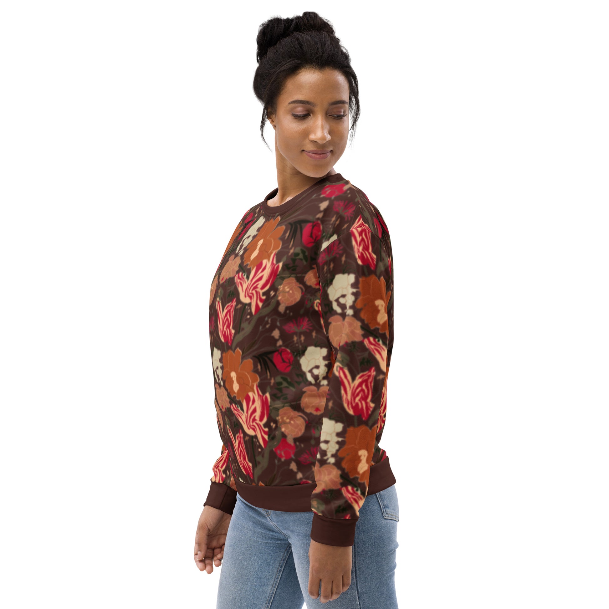 Victorian gothic dark academia and dark cottagecore all-over print floral sweatshirt in ox-blood red with viva magenta tulips and rich browns and oranges. Unisex long sleeve with crew neck, waistband and cuffs in matching brown. 