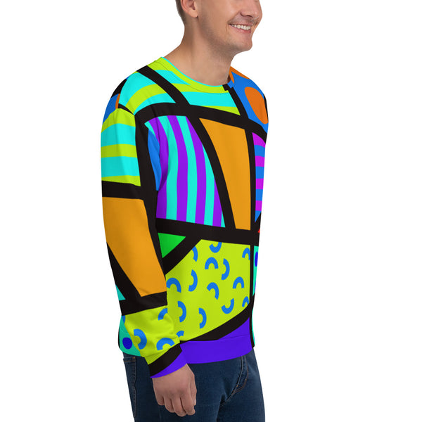 Vibrant retro 80s Memphis style sweatshirt with bold, bright patterns and colours by BillingtonPix