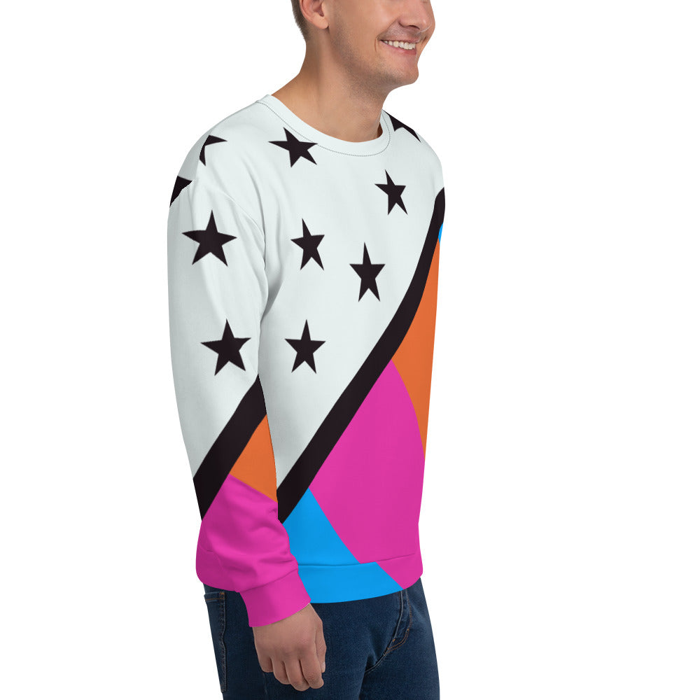 80s Memphis style sweatshirt with black stars and blue, orange and pink stripes by BillingtonPix