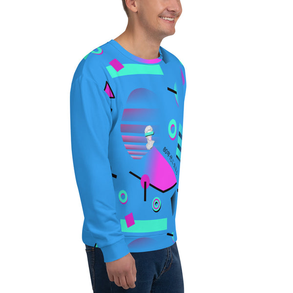 80s Japanese Vaporwave style design featuring a Michaelangelo's David reference, vintage sunset and 80s Memphis style geometric shapes, some in a gradual fade on both sides of this blue sweatshirt by BillingtonPix