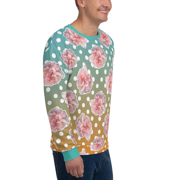 Beautiful cottagecore and 80s Memphis style design featuring pink roses and polka dots against a blue and orange gradient background on this sweatshirt by BillingtonPix