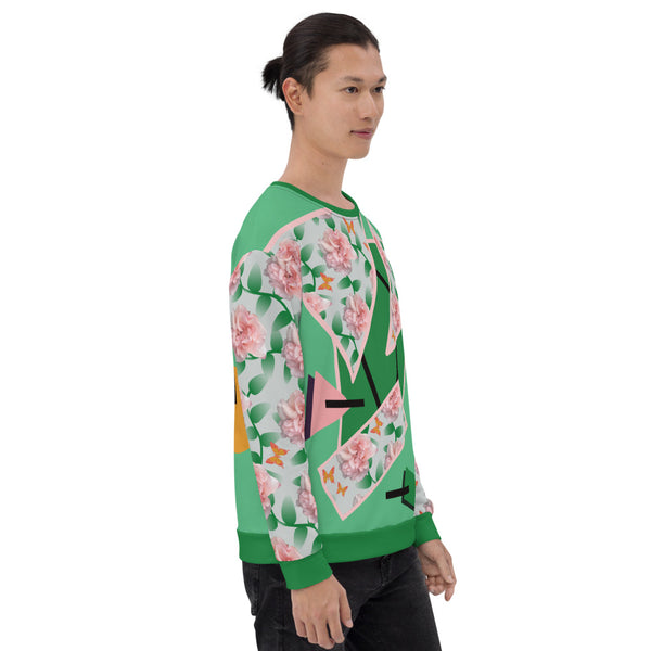 Geometric shapes of pink English country roses, green leaves and orange butterflies in a Cottagecore style, together with other 80s Memphis style geometric shapes in orange, green and pink against a paler green background on the front and back of this eccentric sweatshirt, with matching pink rose floral patterned sleeves, with darker green cuffs, hem and neckline by BillingtonPix