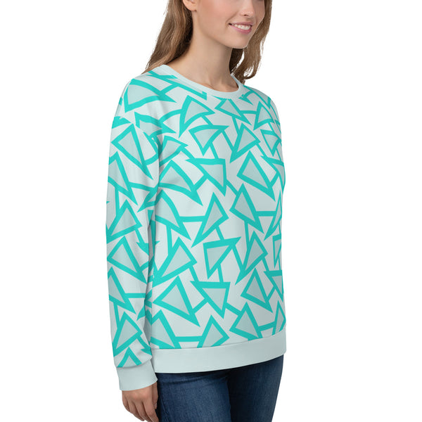 Popular 80s Memphis triangular theme of geometric triangle shapes connected with stalks in a turquoise and mint colour palette on this sweatshirt pullover by BillingtonPix