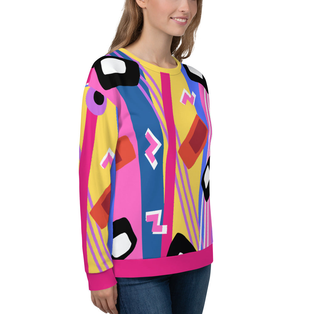 Zany, crazy, mad patterned unisex sweatshirt pullover in blue, red, yellow and purple pattern of lines, squiggles, blobs and stripes by BillingtonPix