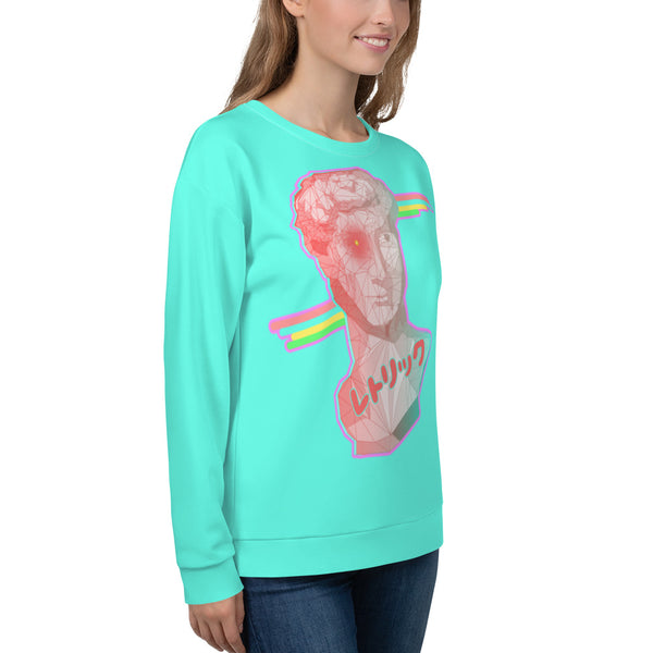 Retrowave design sweatshirt pullover in a 90s Dreamwave style featuring Michelangelo's David containing a grid format overlay and a gradient pastel tone from pink to blue. In the background, behind the statue bust, are some 90s disco stripes and at the base is the Japanese word レトリック or Rhetoric. The bust contains a turquoise blue glitch which protrudes from the left hand side. Surrounding the entire composition is a pastel pink outline on this turquoise blue coloured sweatshirt top by BillingtonPix