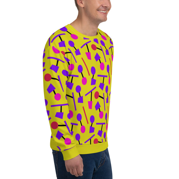 Colourful funky yellow sweater in an 80s Memphis style design with purple, pink and black geometric shapes on this patterned sweatshirt pullover by BillingtonPix