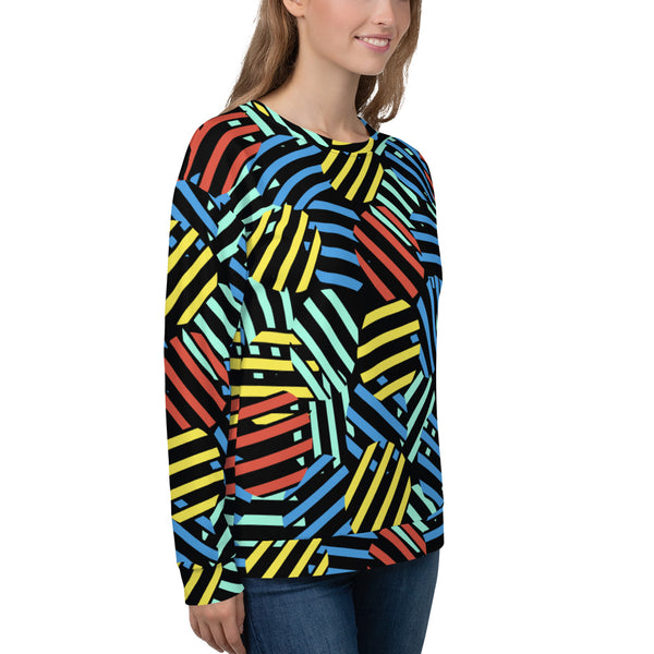 Colourful 80s Memphis design graphic sweatshirt consisting of circular pattern overlays in red, yellow, orange and blue on this black sweatshirt pullover by BillingtonPix
