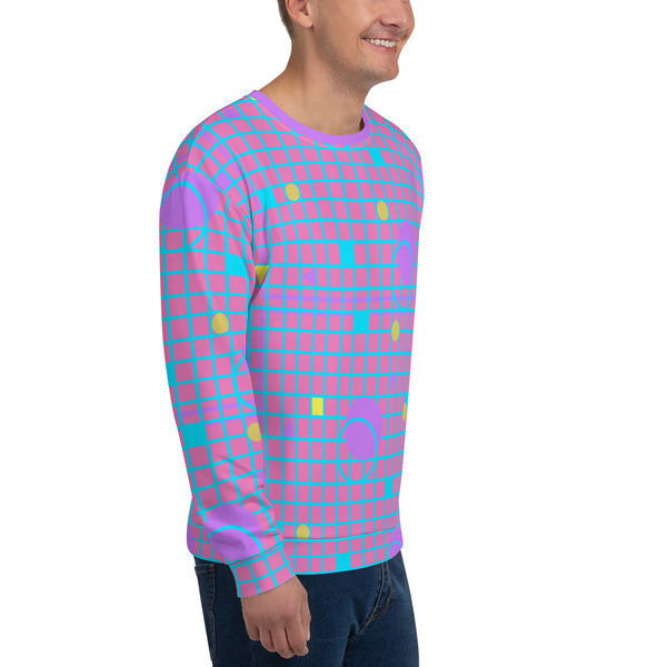 Harajuku geometric patterned unisex sweatshirt top in mauve, pink, blue and yellow, consisting of a grid background in mauve and pink and 80s Memphis design on these festival tops by BillingtonPix