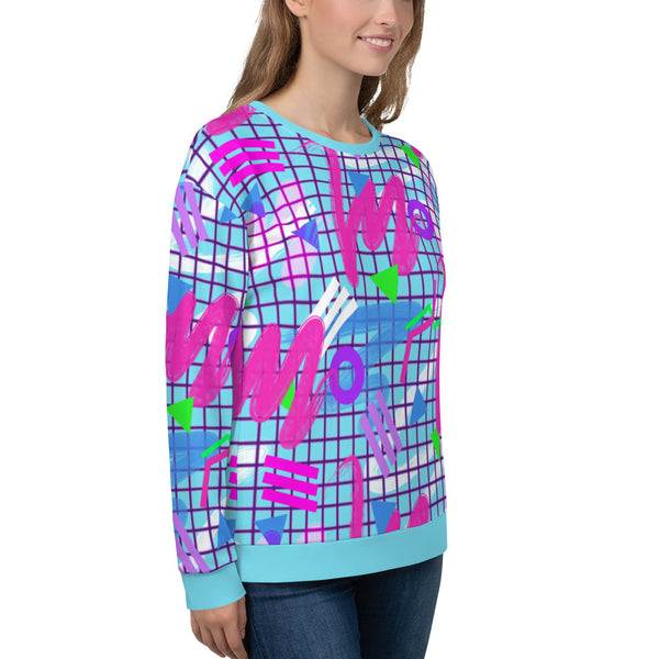 Colourful squiggles and geometric shapes in an 80s Memphis design and 90s Vaporwave style in pink, purple, green and blue, unisex sweatshirt sweater pullover by BillingtonPix