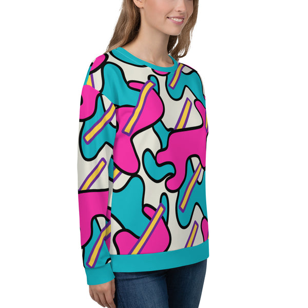 Unisex patterned sweatshirt for men and women in pink, turquoise, yellow and purple curvy and stick shapes against a cream background on this pullover by BillingtonPix