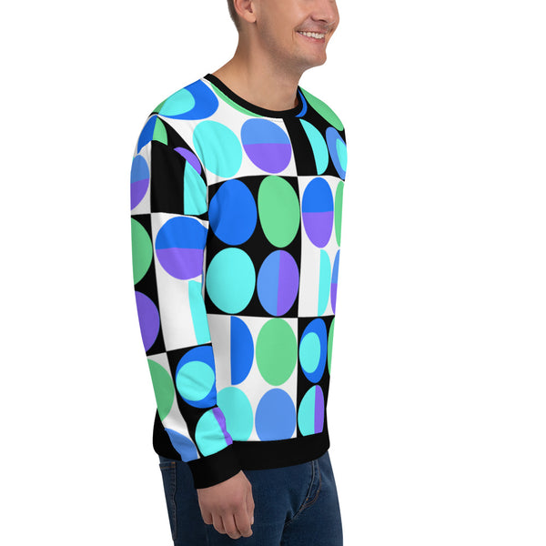 80s Memphis Bauhaus design sweatshirt in geometric pattern of circles and squares and half shapes in tones of blue, purple and green on this unique mid-century style sweatshirt by BillingtonPix