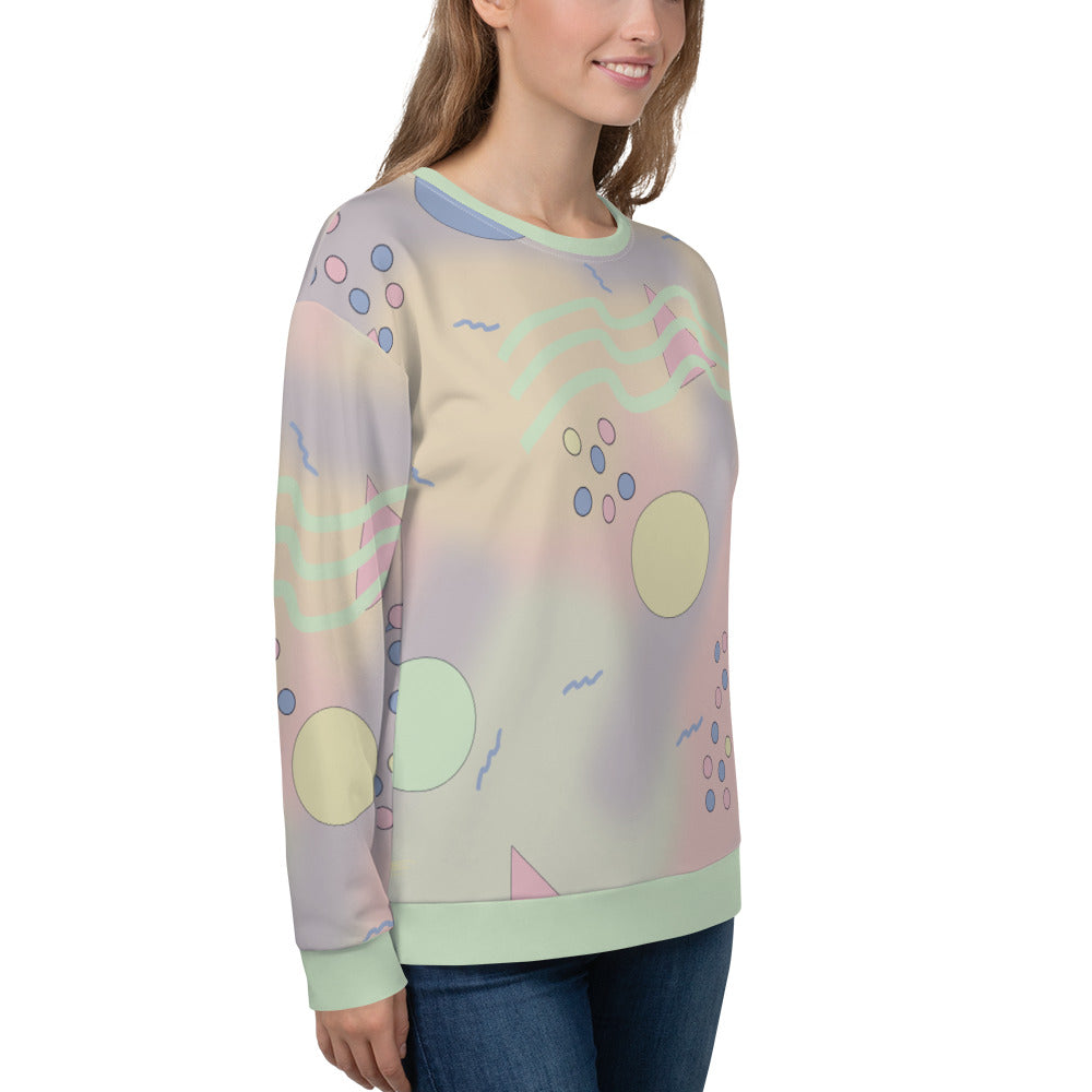 90s Y2K athleisure fashion style sweatshirt with 80s Memphis design geometric shapes including circles, triangles and squiggles against a pastel abstract background on this funky sweater pullover by BillingtonPix