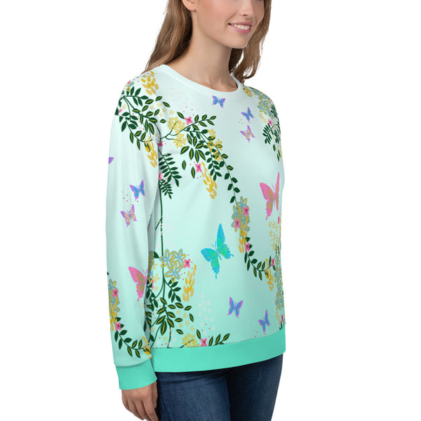 Beautiful green colourful kawaii floral and butterfly pattern sweatshirt in a retro 90s Vaporwave Cottagecore design by BillingtonPix