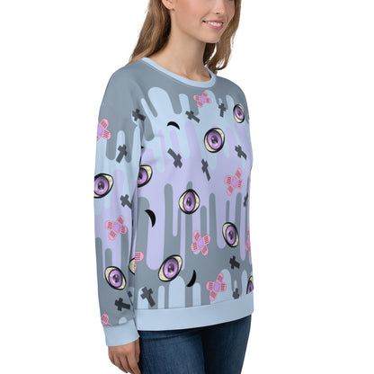 Patterned unisex sweatshirt in a Yami Kawaii Harajuku Pastel Goth aesthetic featuring spooky eyeballs, moons, crosses and sticking plasters for a Menhera Kei fashion look on this pastel colored drip patterned sweater by BillingtonPix