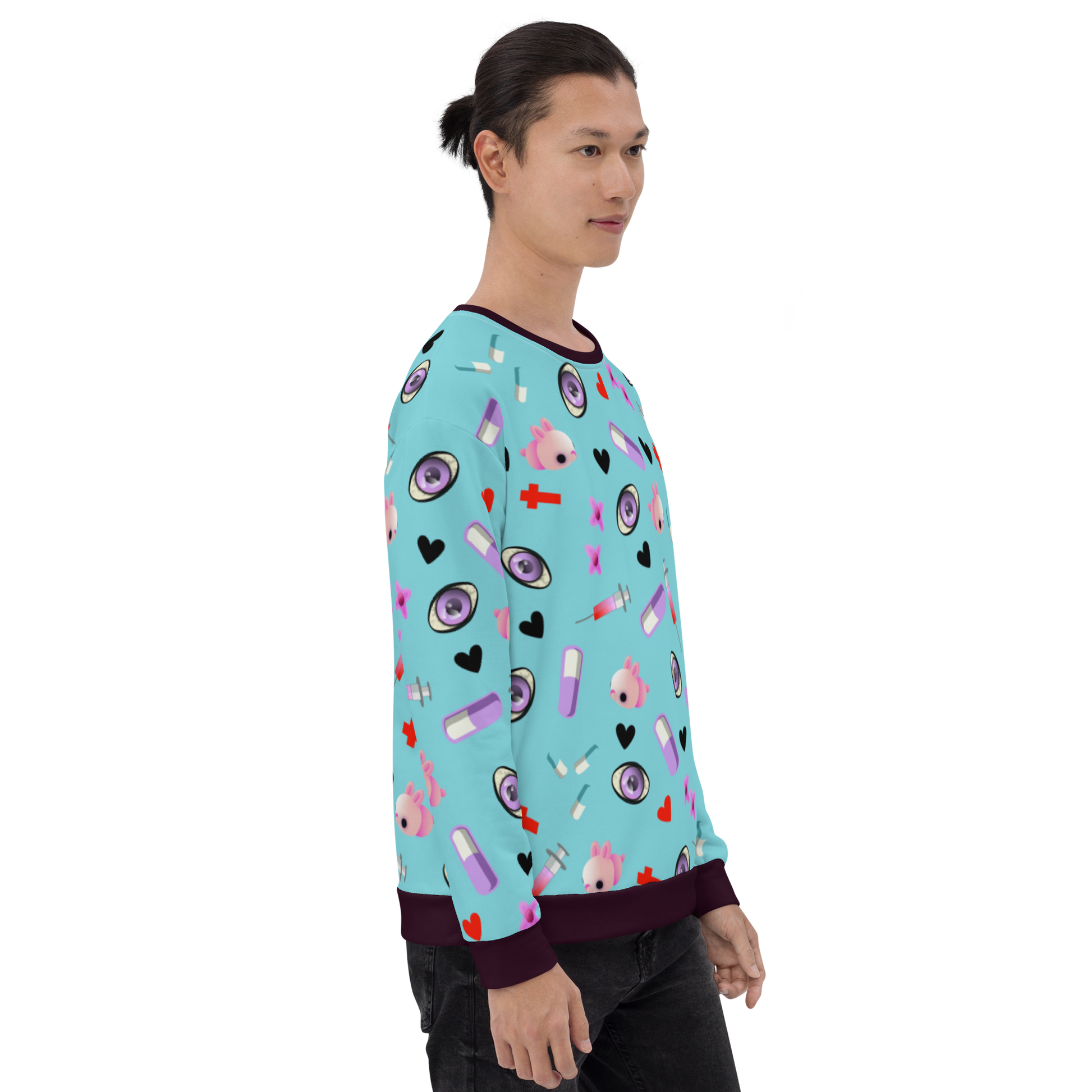 Turquoise Menhera Kei Yami Harajuku fashion sweatshirt, containing a collection of Menhera Kei symbols such as pills, syringes, spooky eyes, crosses and black hearts by BillingtonPix