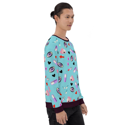 Turquoise Menhera Kei Yami Harajuku fashion sweatshirt, containing a collection of Menhera Kei symbols such as pills, syringes, spooky eyes, crosses and black hearts by BillingtonPix