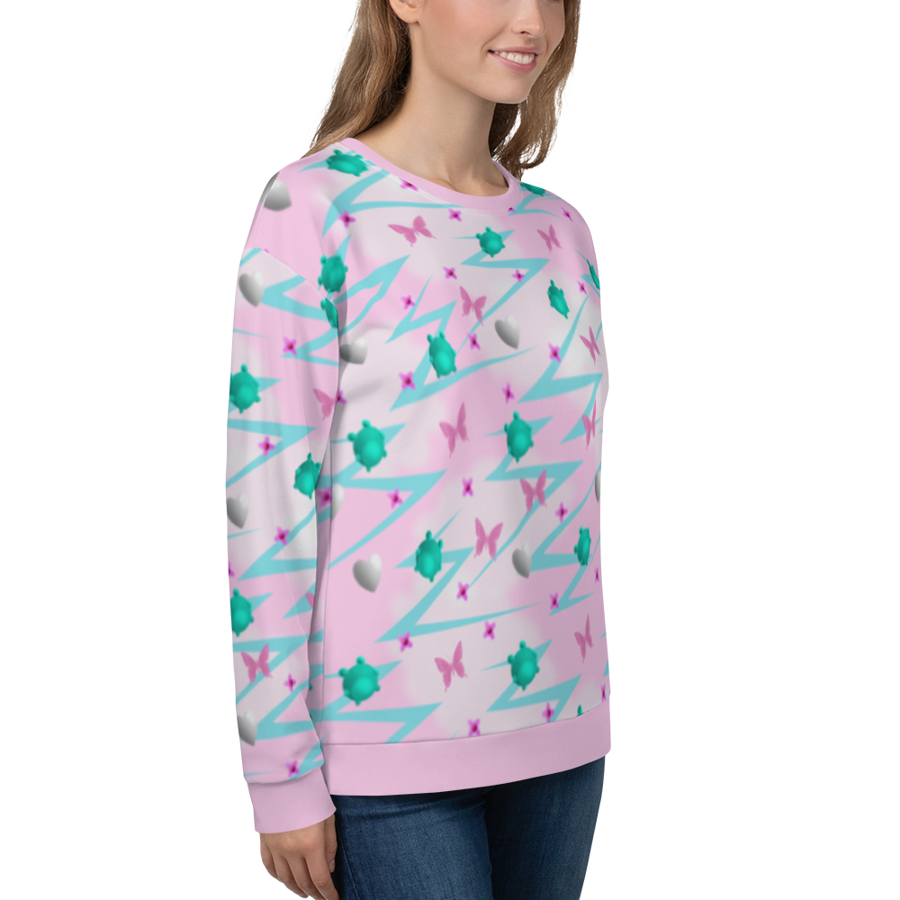 Stunning Yume Kawaii pink Fairy Kei Harajuku aesthetic design unisex sweatshirt, with turquoise blue frogs and pink butterflies, silver hearts and pink flowers in a mystical pattern of decora kei and pop kei design on this sweater by BillingtonPix