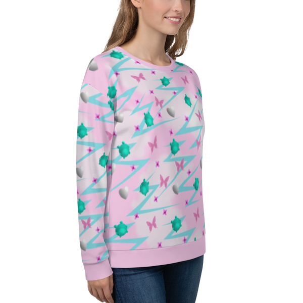 Stunning Yume Kawaii pink Fairy Kei Harajuku aesthetic design unisex sweatshirt, with turquoise blue frogs and pink butterflies, silver hearts and pink flowers in a mystical pattern of decora kei and pop kei design on this sweater by BillingtonPix