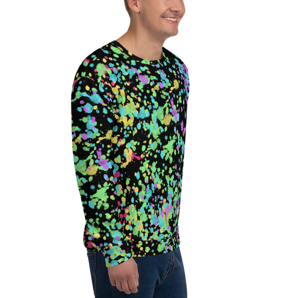 LGBT shirt with rainbow flag ink splats against a black background on this unisex sweatshirt pullover by BillingtonPix