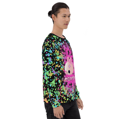 Multicolored LGBTQ Pride themed unisex sweatshirt with rainbow flag colored paint splats and a sickly mochi mouse in pink against a bright pink nebula with dark crosses and spooky eyeballs on this Menhera kei and Yami Kawaii Harajuku fashion pullover