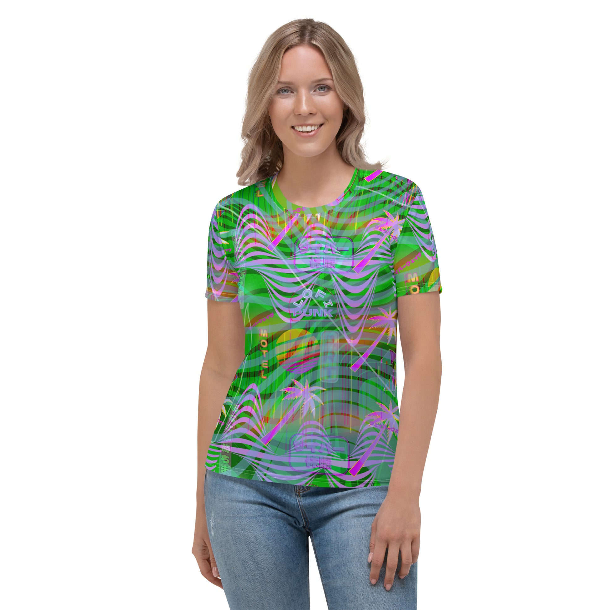 Green vaporwave all-over print sublimation t-shirt for women. Japanese jfashion motifs such as neoncore vintage sunsets and las vegas palms with a swirly pattern on this womens crew neck short sleeve tee by BillingtonPix