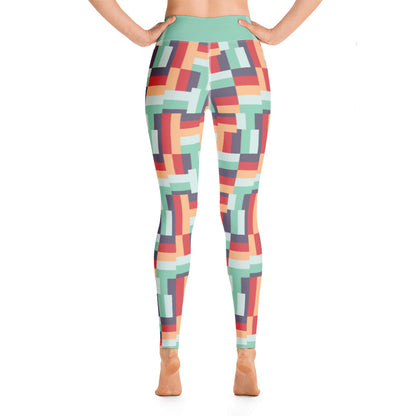  The design on this vintage mid century modern style printed patterned yoga pants consists of geometric blocks of summertime colours of peach, raspberry, mint and aubergine with a high waisted block of mint colour for added security