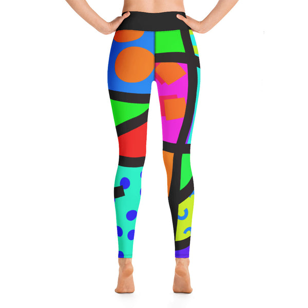 Retro 80s style Memphis design yoga leggings for women in popping and colourful geometric shapes, stripes and crazy patterns by BillingtonPix