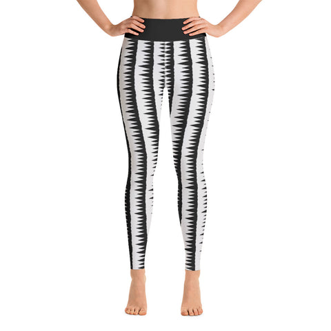 This Mid-Century Modern style yoga leggings pattern consists of black jagged columns of geometric triangular shapes stacked upon each other like columns against a pale grey background