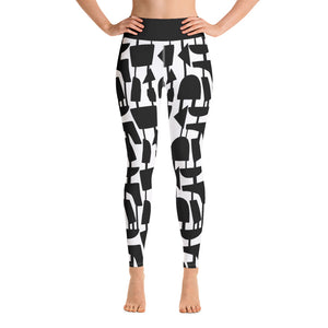 This Mid-Century Modern style black and white yoga leggings pattern consists of black irregular abstract shapes connected vertically by black strings against a white background with a high waistband and inside pocket