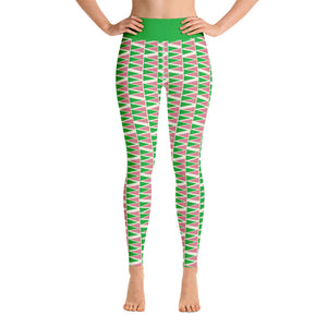 These Mid-Century Modern style yoga leggings for women consist of geometric triangular pattern in green and pink on a cream background. The bold green high waistband finishes off the look of these awesome patterned yoga tights