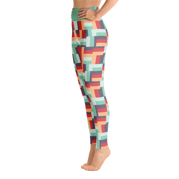  The design on this vintage mid century modern style printed patterned yoga pants consists of geometric blocks of summertime colours of peach, raspberry, mint and aubergine with a high waisted block of mint colour for added security