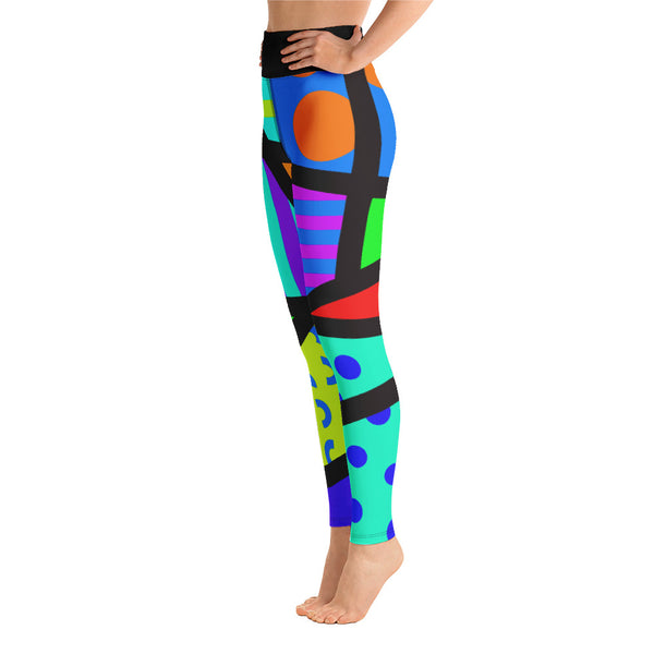 Retro 80s style Memphis design yoga leggings for women in popping and colourful geometric shapes, stripes and crazy patterns by BillingtonPix