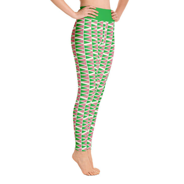 These Mid-Century Modern style yoga leggings for women consist of geometric triangular pattern in green and pink on a cream background. The bold green high waistband finishes off the look of these awesome patterned yoga tights