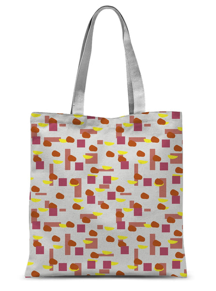 This fabulous Mid-Century Modern style tote bag design consists of colorful geometric blocks in orange, red and purple against a soft stone colored background